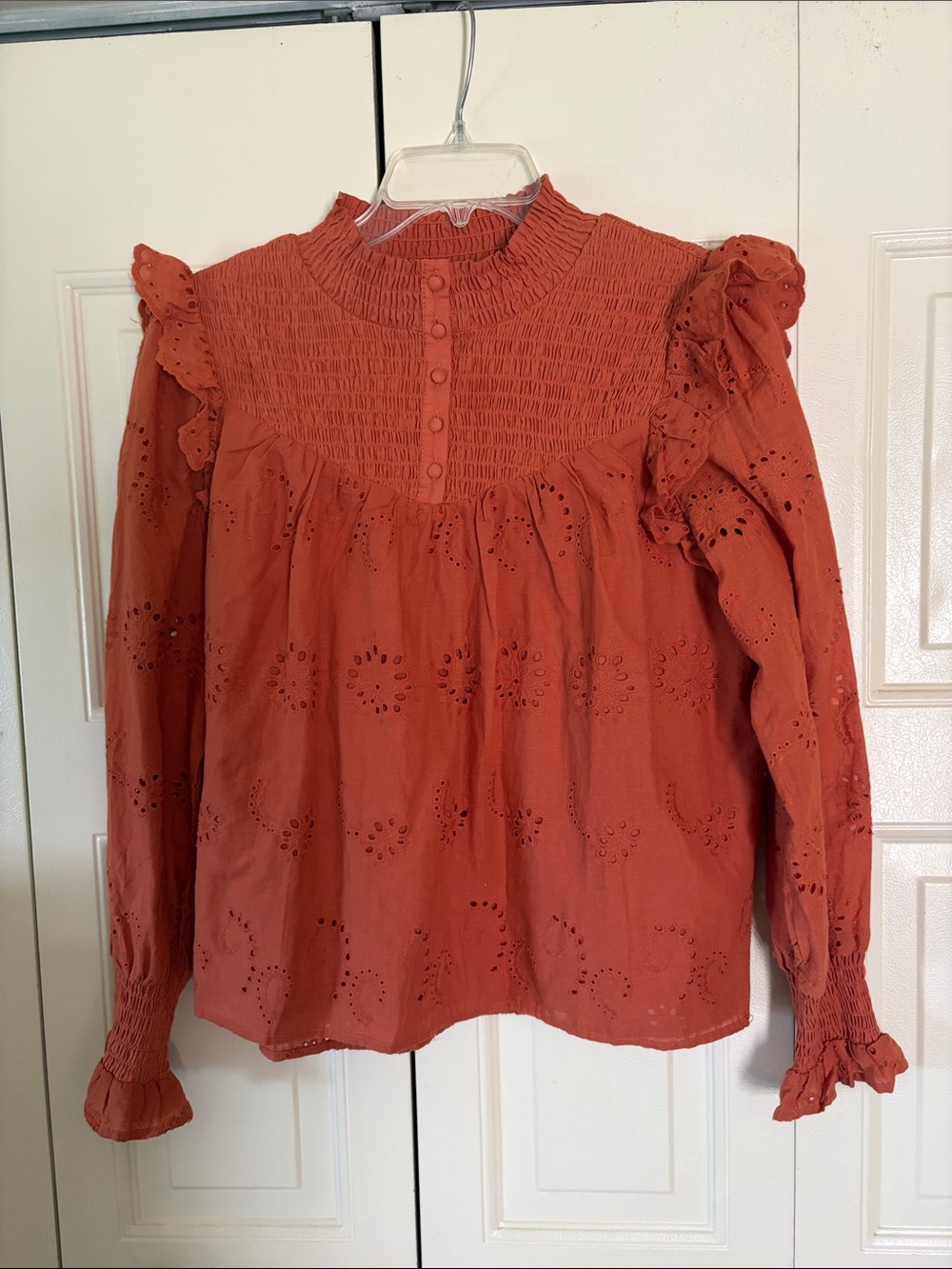 On Twelfth Cottagecore Boho Prairie Retro Top Lined Eyelet Smocking Ruffles MED